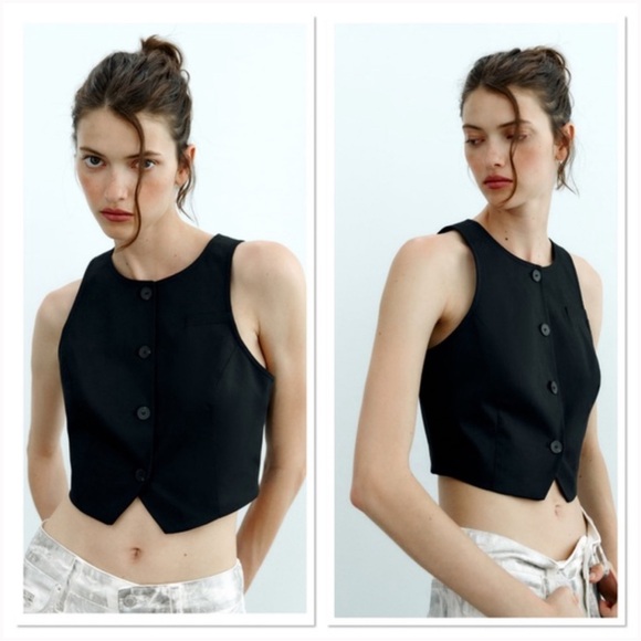Zara Black Cropped Button Down Vest Size XL - Picture 5 of 11